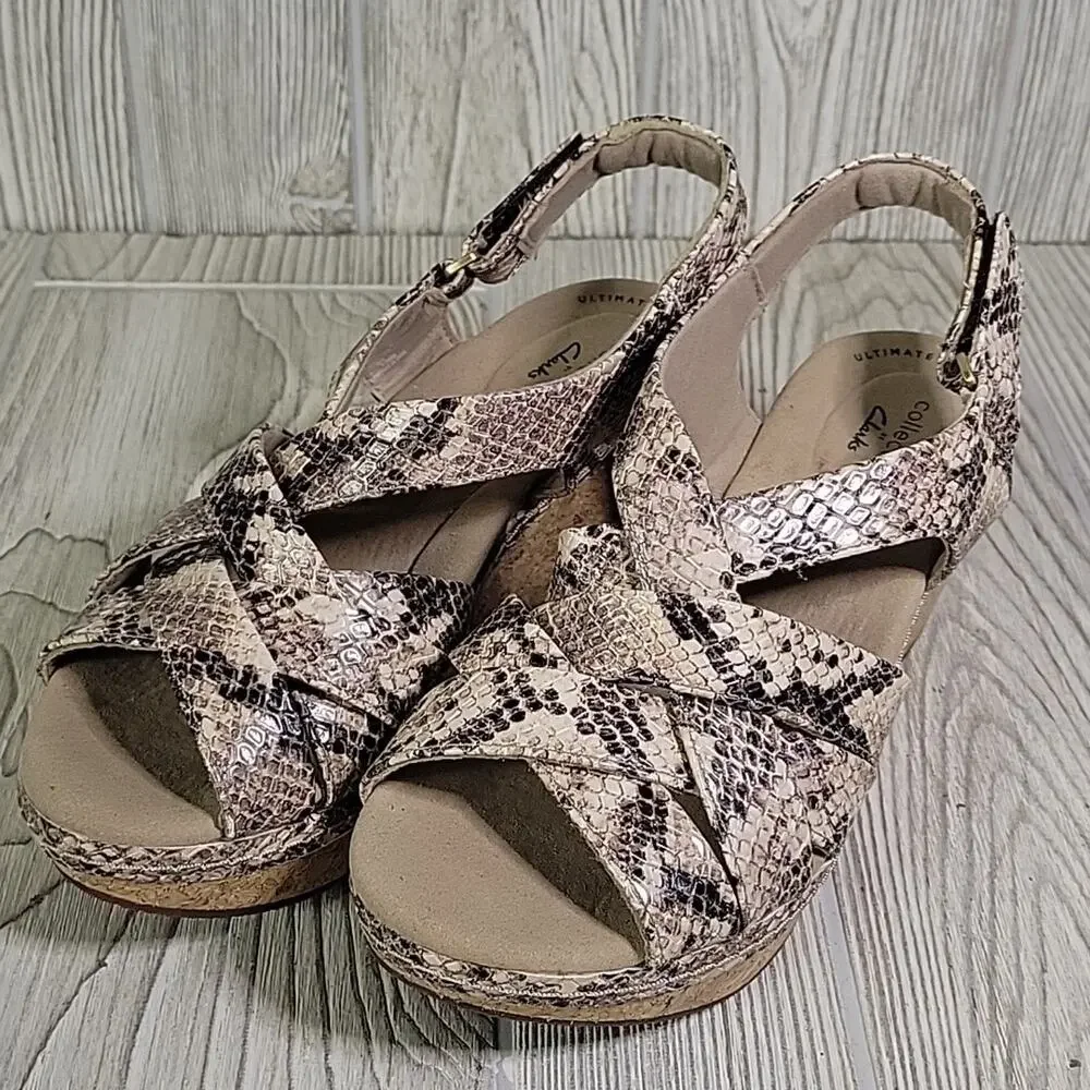 Clarks Annadel Rayna Wedge Taupe Snakeprint Sandals Womens Size 6.5 NEW